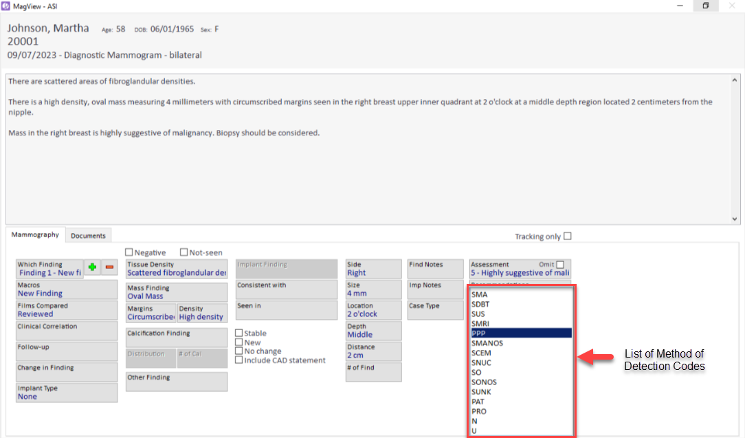 MagView reporting screen dropdown for ACR Method of Detection codes